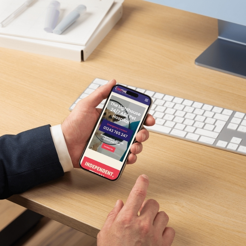 Mobile phone mockup showing the Lighthouse Vets website homepage.