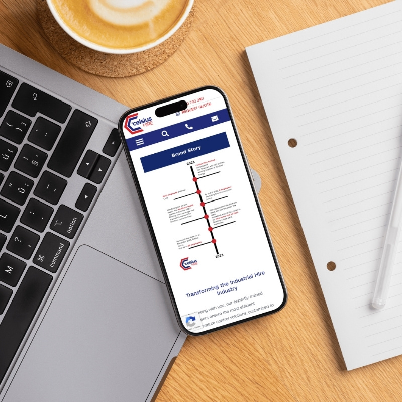 Smartphone screen mockup presenting Celsius Hire’s mobile website layout.