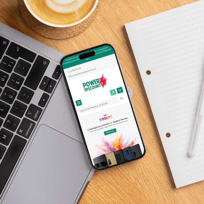 Smartphone screen mockup showing the Power Discount website design.