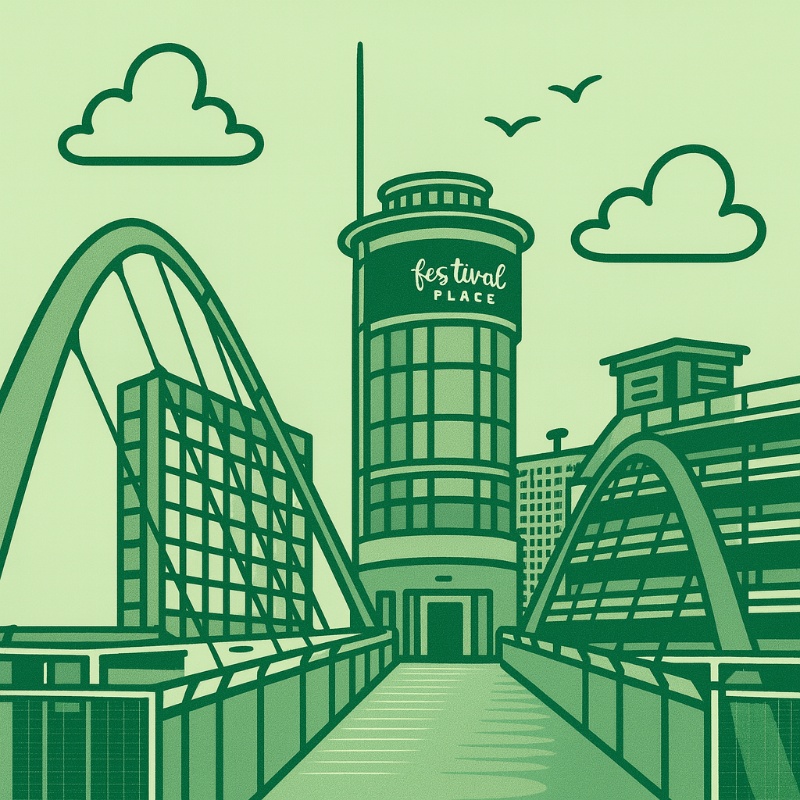 Cartoon illustration in 1950s rubber hose style of Basingstoke bridge.