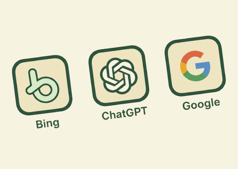 Cartoon illustration in 1950s rubber hose style representing Bing Chat, GPT, and Google search.