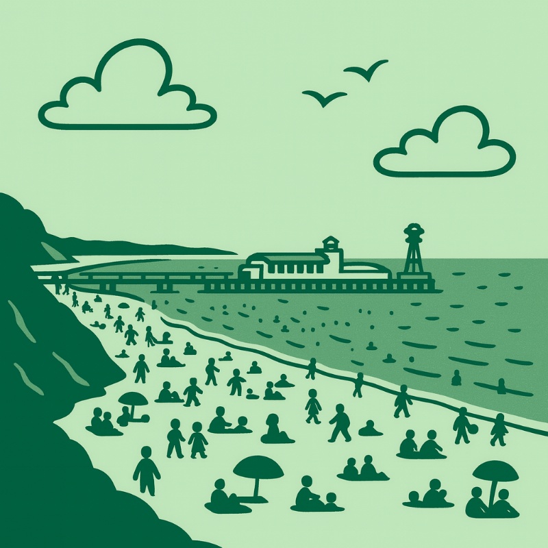 Cartoon illustration in 1950s rubber hose style of Bournemouth beach and seafront.