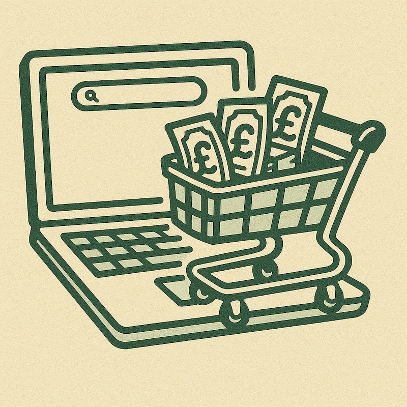 Cartoon illustration in 1950s rubber hose style showing an eCommerce shopping cart.