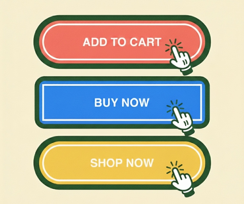 Cartoon illustration in 1950s rubber hose style showing eCommerce call-to-action buttons.