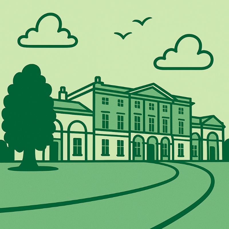 Cartoon illustration in 1950s rubber hose style of Fareham Cams Hall.