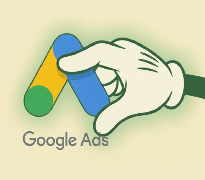 Cartoon illustration in 1950s rubber hose style depicting Google Ads.