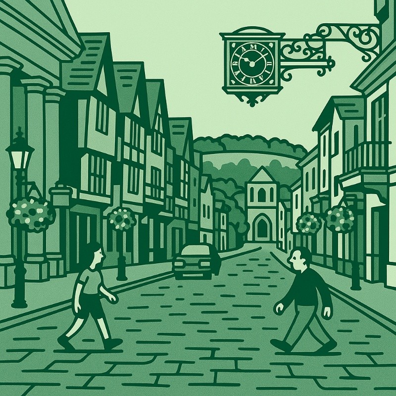 Cartoon illustration in 1950s rubber hose style of Guildford High Street.
