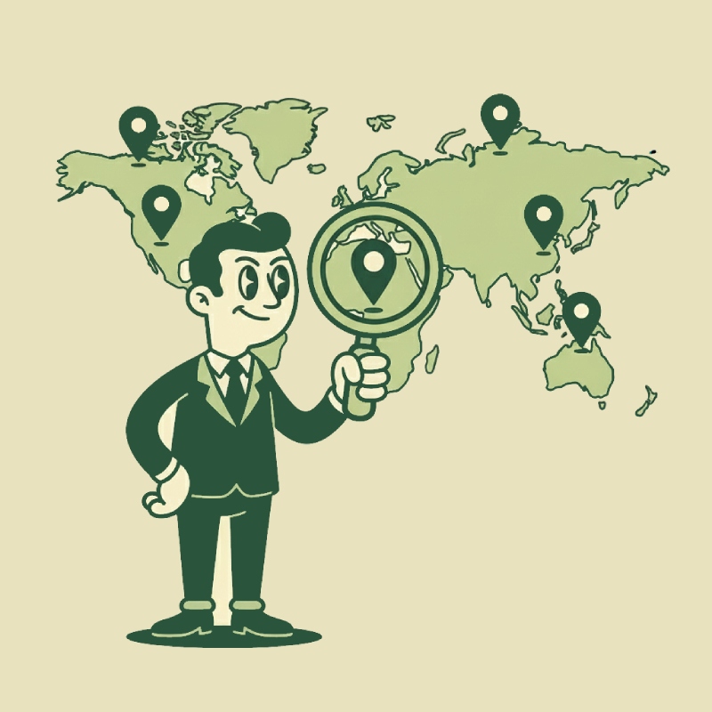 Cartoon illustration in 1950s rubber hose style showing a world map for international SEO.