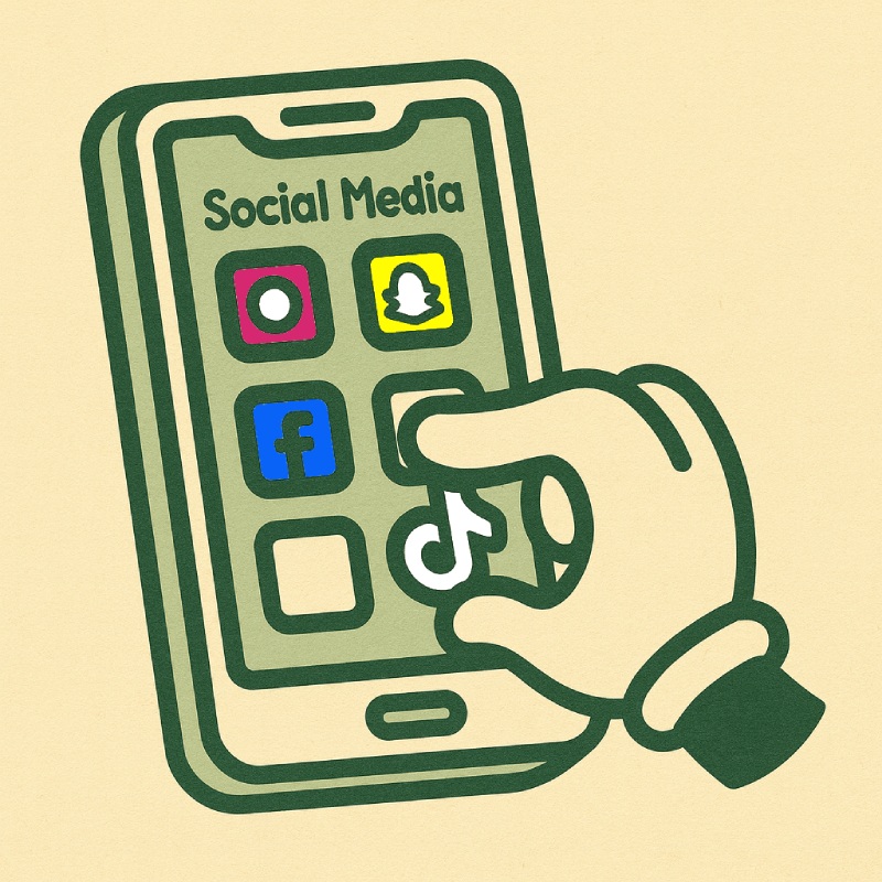 Cartoon illustration in 1950s rubber hose style of social media activity on a smartphone.