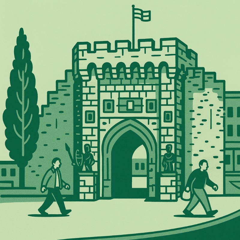 Cartoon illustration in 1950s rubber hose style of Southampton Bargate.