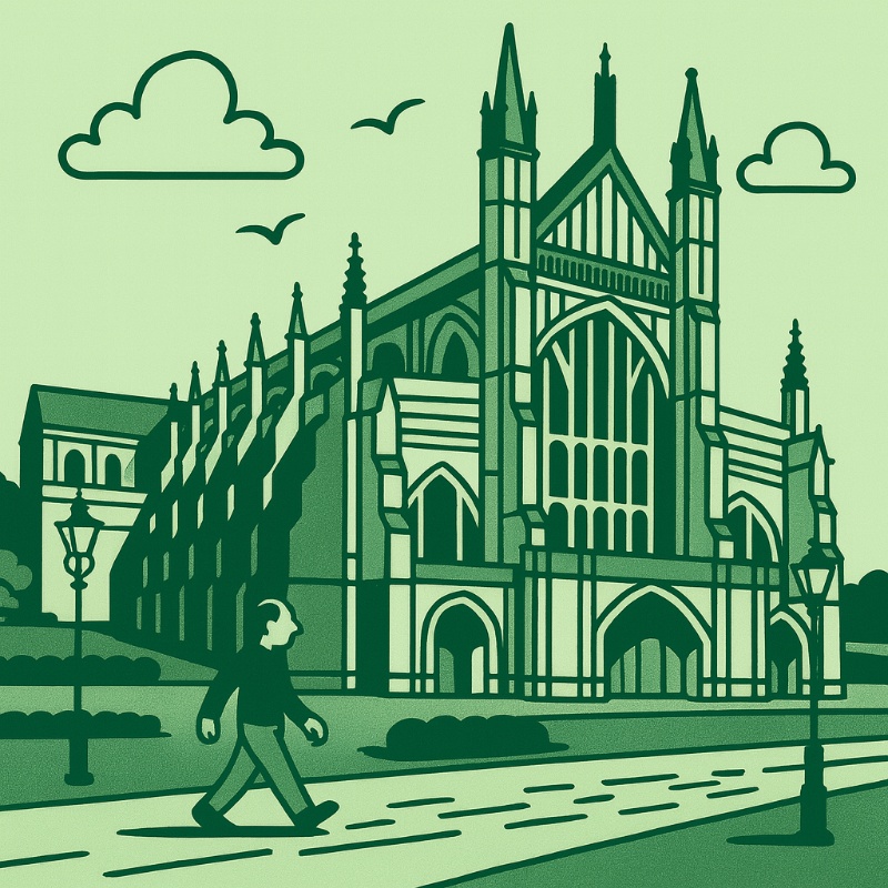 Cartoon illustration in 1950s rubber hose style of Winchester Cathedral.