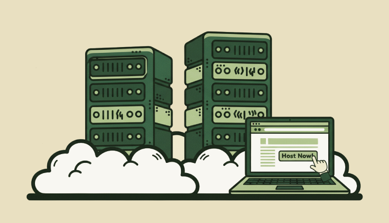 Cartoon illustration in 1950s rubber hose style representing a web hosting server