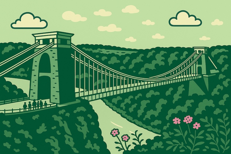 Cartoon illustration in 1950s rubber hose style of Bristol suspension bridge
