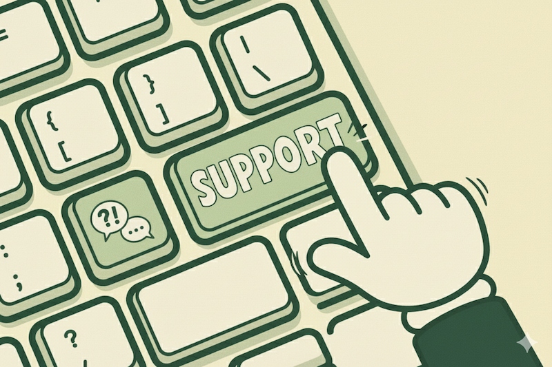 Cartoon illustration in 1950s rubber hose style showing website support and maintenance.