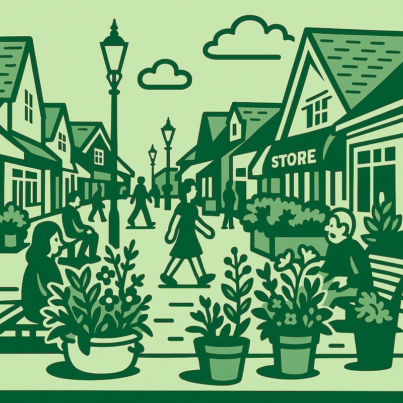 Quaint shopping street with greenery.