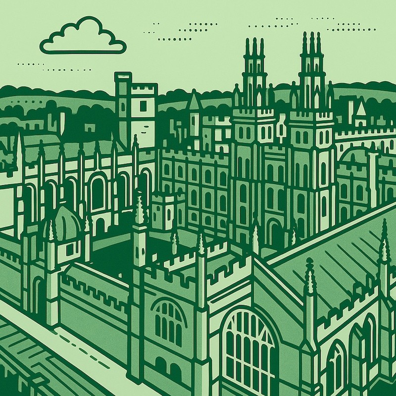 Stylised illustration of Oxford University buildings.